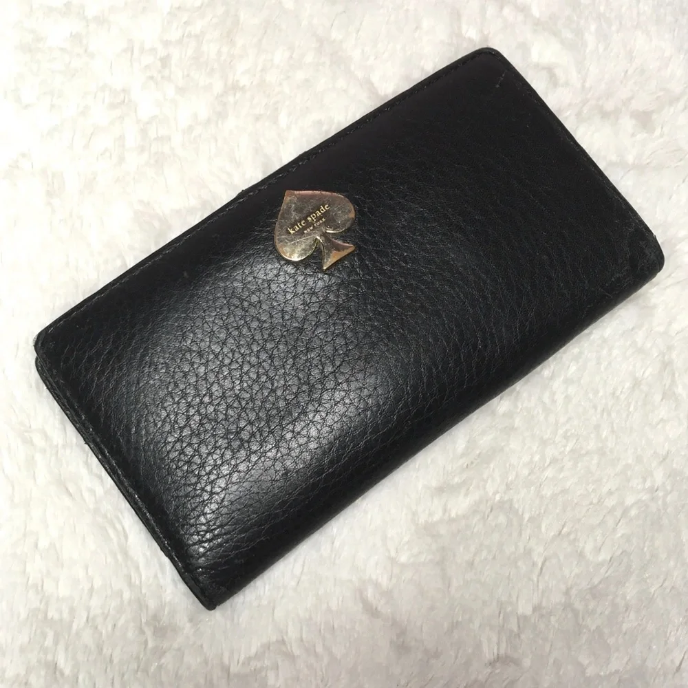 Kate Spade Black Leather Bill Fold Wallet Black White Stripe Interior - Picture 1 of 5